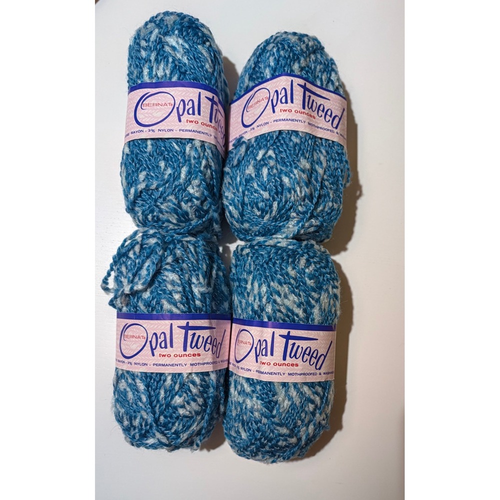 Bernat Opal Tweed Yarn Kingfisher Blue White Rayon Nylon 4 Skeins 2oz Each